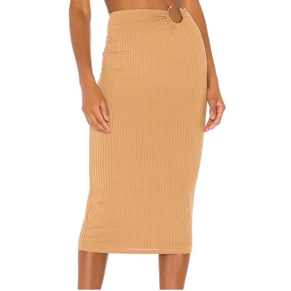 Camila Coelho Revolve Nude Ribbed O-Ring Hardware Accent Babi Midi Skirt Sz XS
